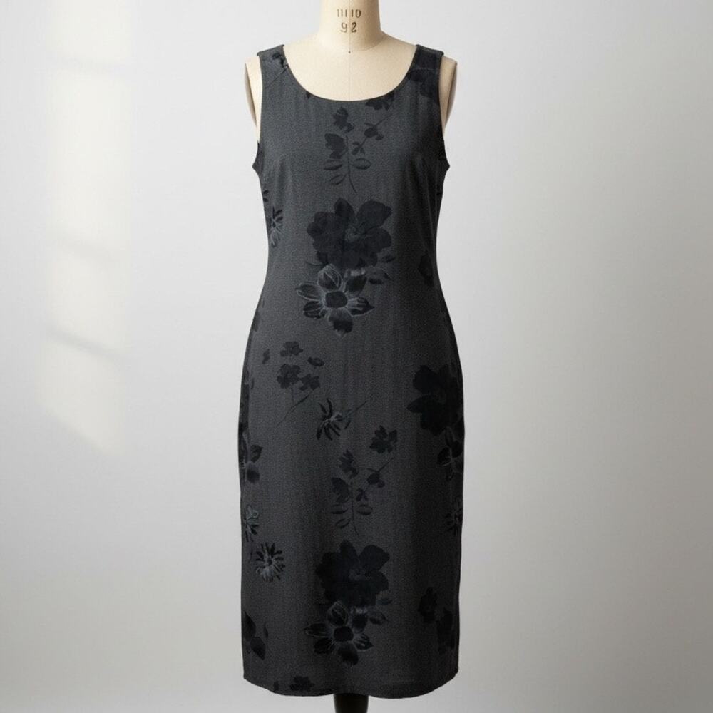 VTG Rachel Green 90s Black Floral Shift Dress M Minimalist CBK Modest Dress